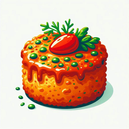 Illustration of a cake with strawberries and green peas on a white backgroundのイラスト素材