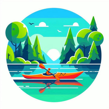 Kayak on the lake. Vector illustration in a flat style.のイラスト素材