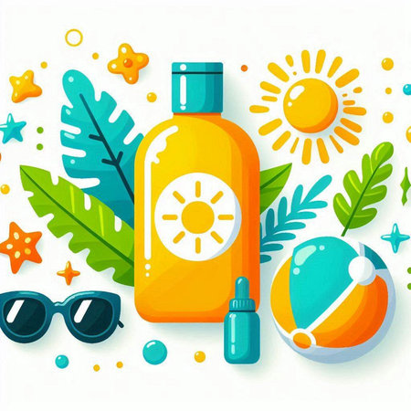 Sunscreen with sunflowers and sunglasses. Sunblock in a bottle. Vector illustration.のイラスト素材