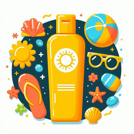 Flat vector illustration of sunblock bottle with sunglasses and flip flopsのイラスト素材