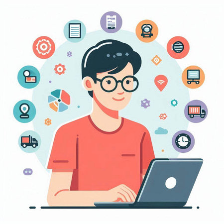 Vector illustration of young man working on laptop. Flat style design.のイラスト素材