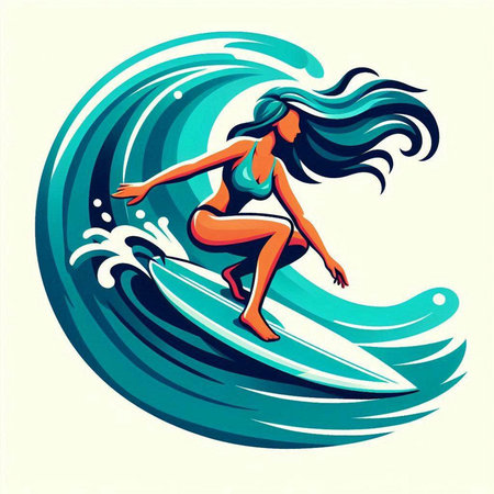 Surfer girl with surfboard on the wave. Vector illustration.のイラスト素材