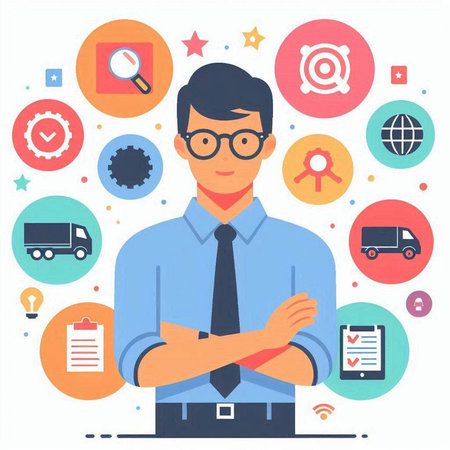 Flat design modern vector illustration concept of business, finance, office life. Businessman standing with crossed arms on a white background.のイラスト素材