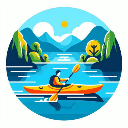 Kayaking on the lake. Vector illustration in flat design style.のイラスト素材
