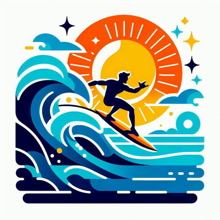 Surfer on the surfboard in the ocean. Vector illustration.のイラスト素材