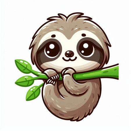 Cute cartoon sloth with green leaves on white background. Vector illustration.のイラスト素材