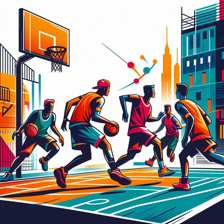 Basketball players on the basketball court in the city. Vector illustration.のイラスト素材