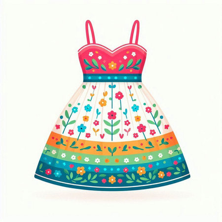 Illustration of a colorful dress with floral pattern on a white backgroundのイラスト素材