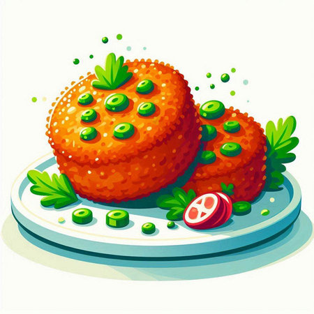 Illustration of cutlets with parsley and tomato on a plateのイラスト素材