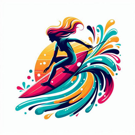 Surfer girl with surfboard on a colorful wave. Vector illustrationのイラスト素材