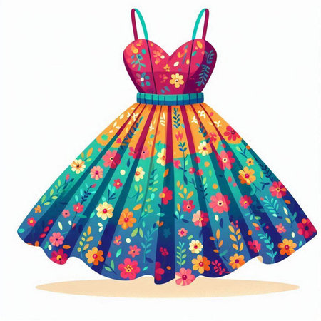 Illustration of a beautiful dress with floral pattern on a white backgroundのイラスト素材