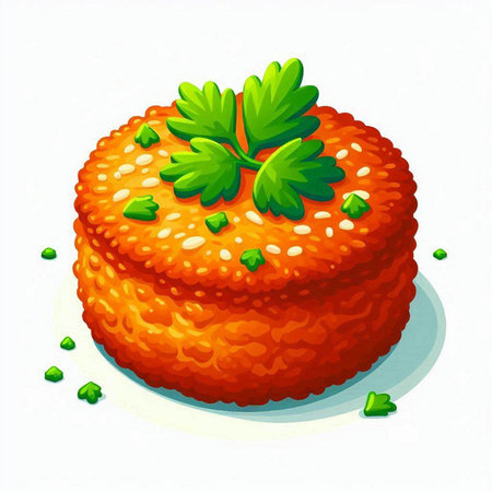 Illustration of a salmon cake with parsley on a white backgroundのイラスト素材
