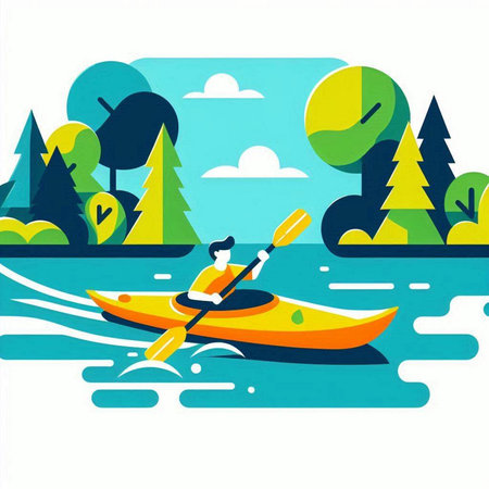Kayaking in the lake, vector illustration. Flat design style.のイラスト素材