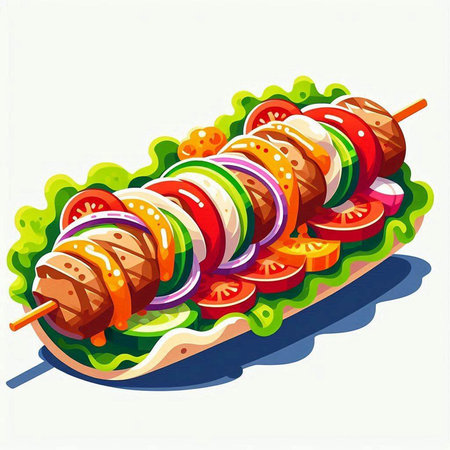 Shish kebab with vegetables on skewers. Vector illustration.のイラスト素材