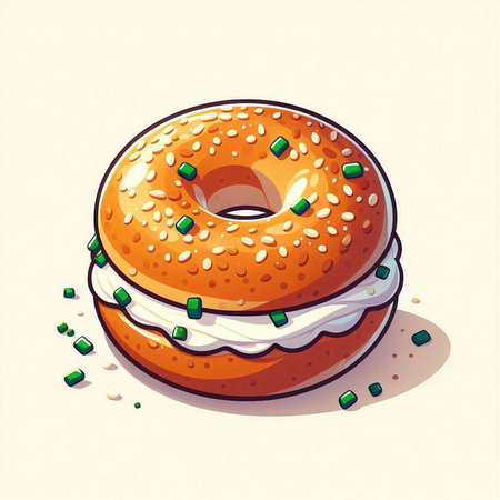 Bagel with cream cheese and green onion. Vector illustration.のイラスト素材