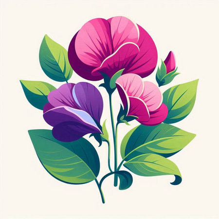 Bouquet of sweet pea flowers with leaves. Vector illustration.のイラスト素材