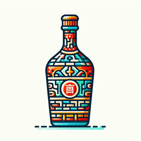 Chinese wine bottle with a maze on the top. Vector illustration.のイラスト素材
