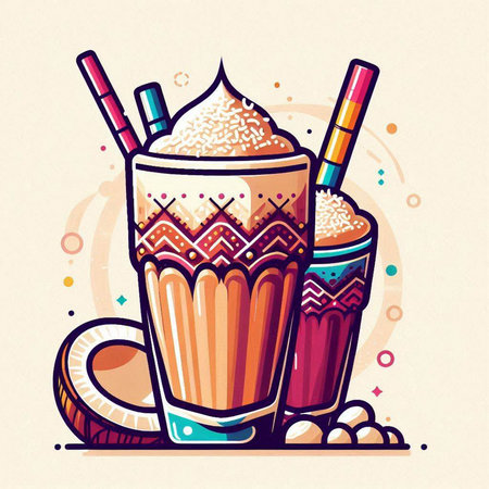 Coconut milk shake with whipped cream and coconut. Vector illustration.のイラスト素材