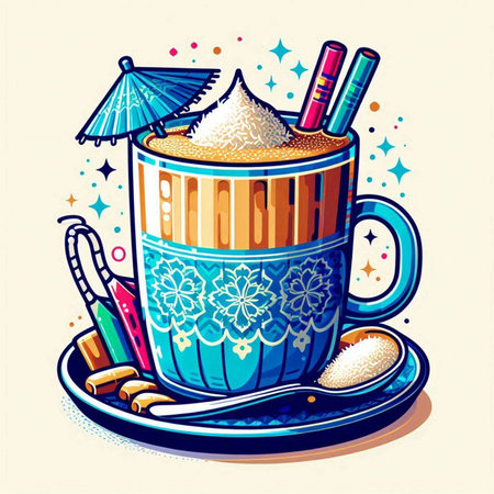 Cup of hot coffee with whipped cream and marshmallows. Vector illustration.のイラスト素材