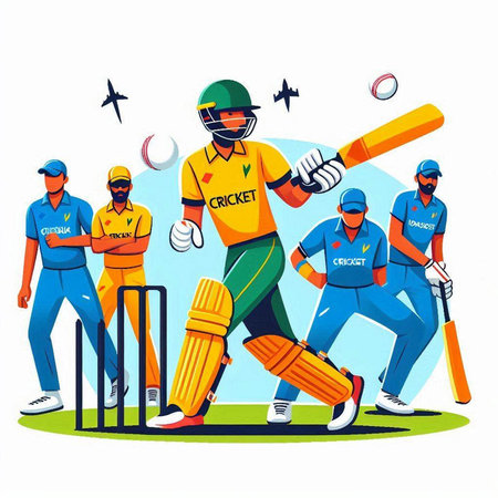 Cricket players in action. Vector illustration in cartoon style.のイラスト素材