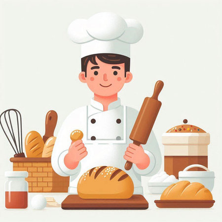 Chef with bread and bakery products. Vector illustration in cartoon styleのイラスト素材