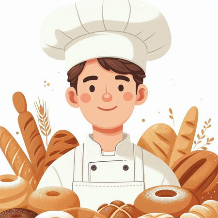 Baker with fresh bread, bakery products, vector cartoon illustration.のイラスト素材
