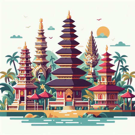 Pura Uluwatu temple in Bali, Indonesia. Vector illustrationのイラスト素材
