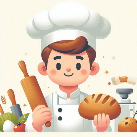 Illustration of a Cute Male Chef Holding a Rolling Pin While Cookingのイラスト素材