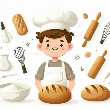 Cartoon vector illustration of a boy in a chef's hat and apron with a loaf of bread.のイラスト素材