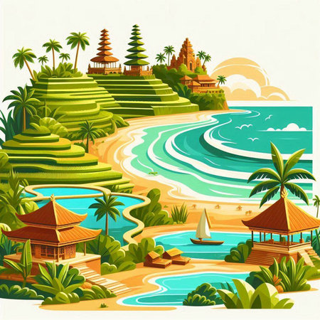 Tropical beach with palm trees and bungalows. Vector illustrationのイラスト素材