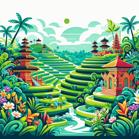 Beautiful vector illustration of the Chinese Garden. Landscape with a lot of trees, grass and flowers.のイラスト素材