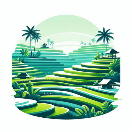Tropical island with palm trees and rice terraces. Vector illustration.のイラスト素材
