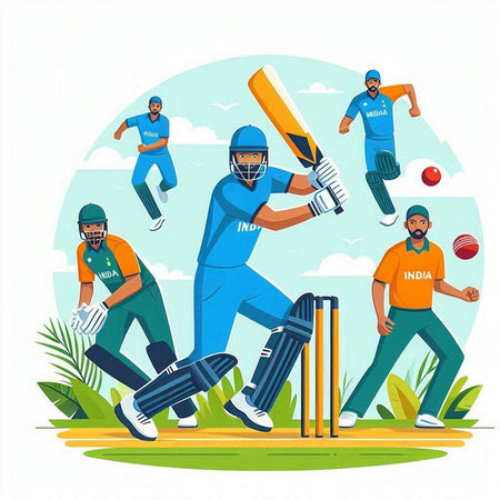 Cricket players team playing cricket. Flat style vector illustration.のイラスト素材