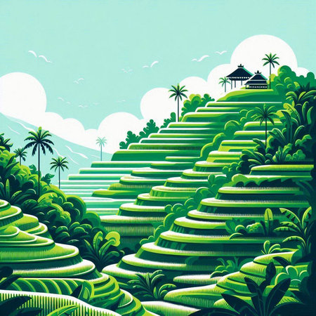 Illustration of a green rice terraces in Bali, Indonesiaのイラスト素材