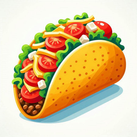 Illustration of a taco with tomato, cheese and lettuce on white backgroundのイラスト素材