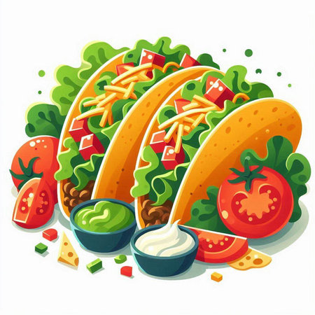 Illustration of tacos with sauce and vegetables on a white background.のイラスト素材
