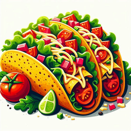 Illustration of tacos with tomato, lettuce, cheese and cucumberのイラスト素材