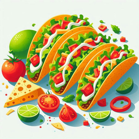 Mexican tacos with vegetables, cheese and sauce. Vector illustration.のイラスト素材
