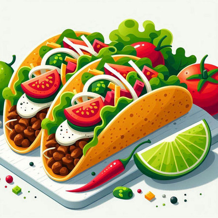 Mexican tacos with meat, vegetables and spices. Vector illustration.のイラスト素材