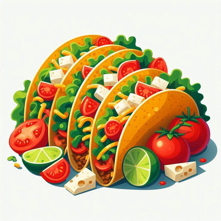 Mexican tacos with vegetables and cheese. Vector illustration of tacos.のイラスト素材