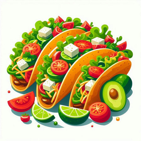 Tacos with cheese, lettuce, tomato, onion and cucumber. Vector illustration.のイラスト素材