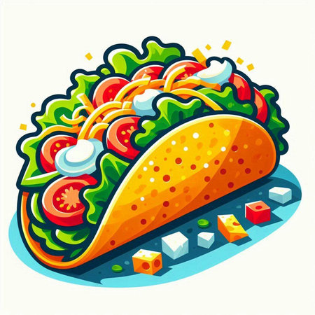 Taco with tomato, lettuce, cheese and sauce. Vector illustration.のイラスト素材