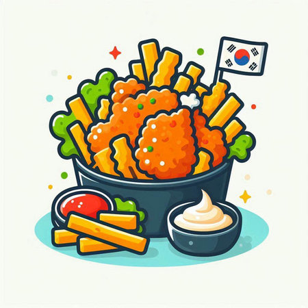 Illustration of a bowl of fried chicken with fries and mayonnaiseのイラスト素材