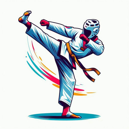 Karate vector illustration, karate fighter in kimono and helmetのイラスト素材