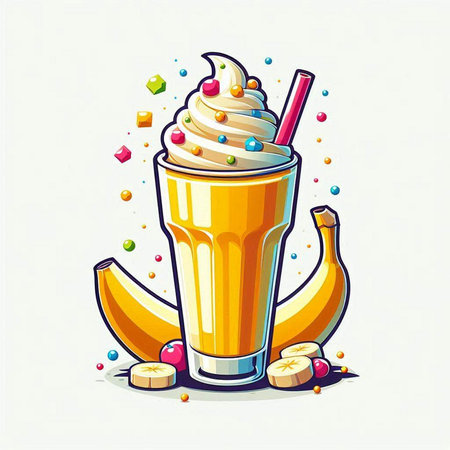 Vector illustration of a milkshake with whipped cream, banana and candyのイラスト素材