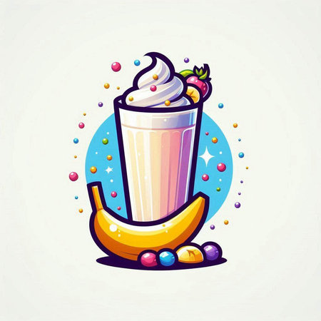 Milkshake with whipped cream, banana and candies. Vector illustration.のイラスト素材