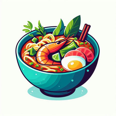 Ramen soup with shrimps in bowl. Vector illustration.のイラスト素材