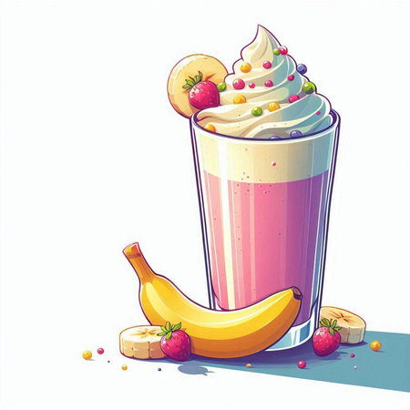 Fruit milkshake with whipped cream and fruits, vector illustrationのイラスト素材