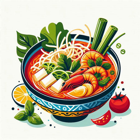 Noodle soup in bowl with prawns, vegetables and greens. Vector illustration.のイラスト素材