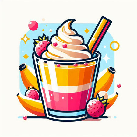 Fruit milkshake in a glass with whipped cream. Vector illustration.のイラスト素材